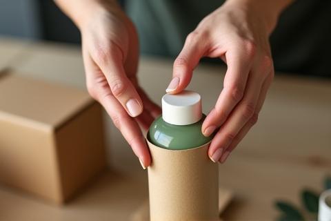 Hands carefully placing a product bottle into eco-friendly cardboard packaging or attaching a recycled paper label.
