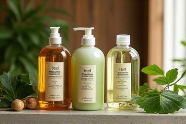Bottles of natural herbal shampoo and conditioner arranged elegantly on a shelf or counter.