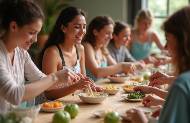 Happy people participating in a hands-on natural beauty workshop, actively mixing ingredients and enjoying the process.